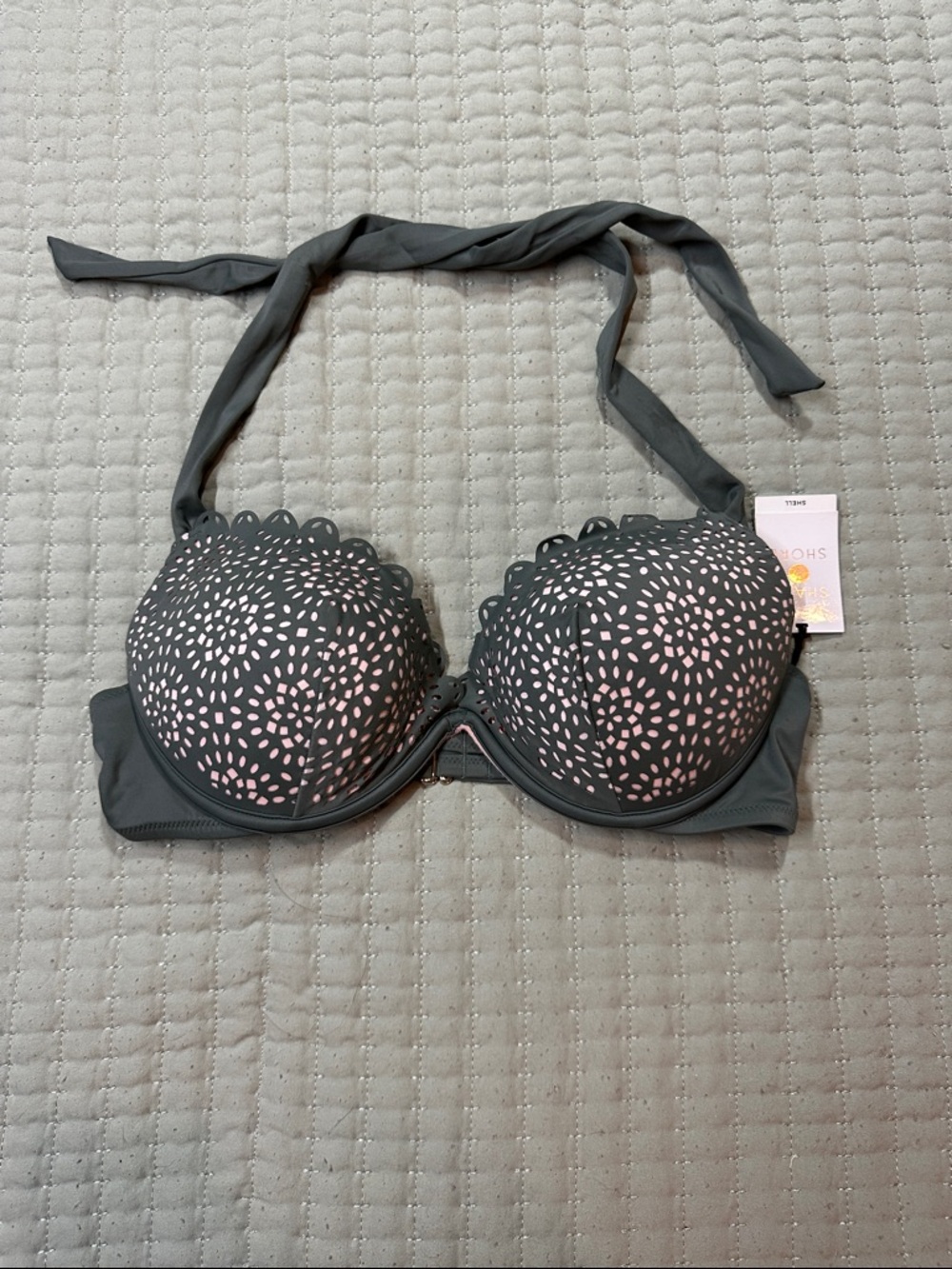 Shade & Shore Green Halter Push-Up Bikini Top with Pink Lining